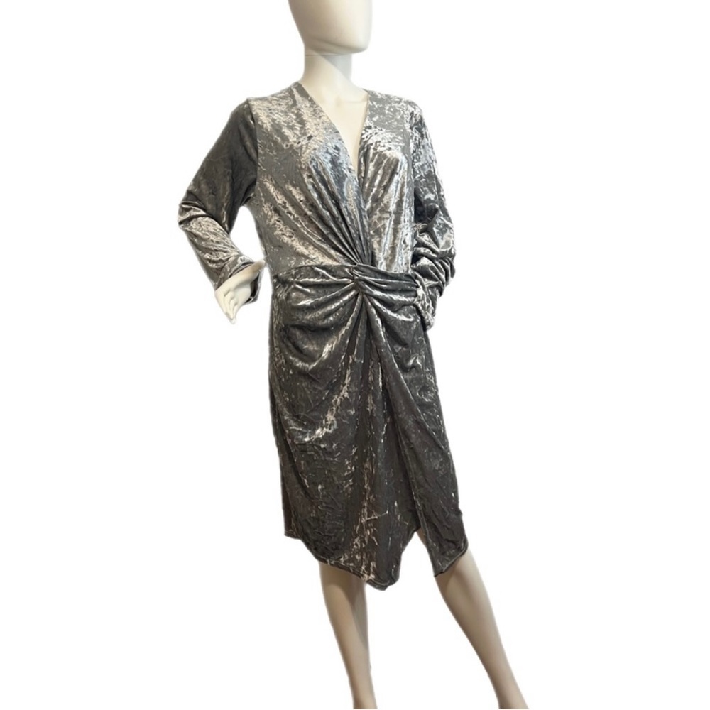 Silver Stretch Crushed Velvet Cocktail Party Midi Dress Ruched Waist, Sz12 - Picture 1 of 12